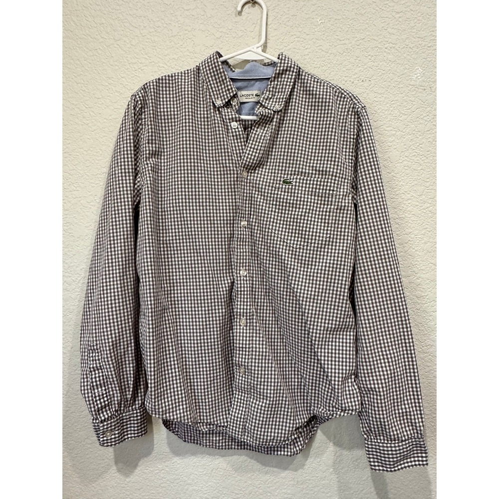 Lacoste Mens Regular Fit Gingham Button Down Shirt Brown White US M FR 40